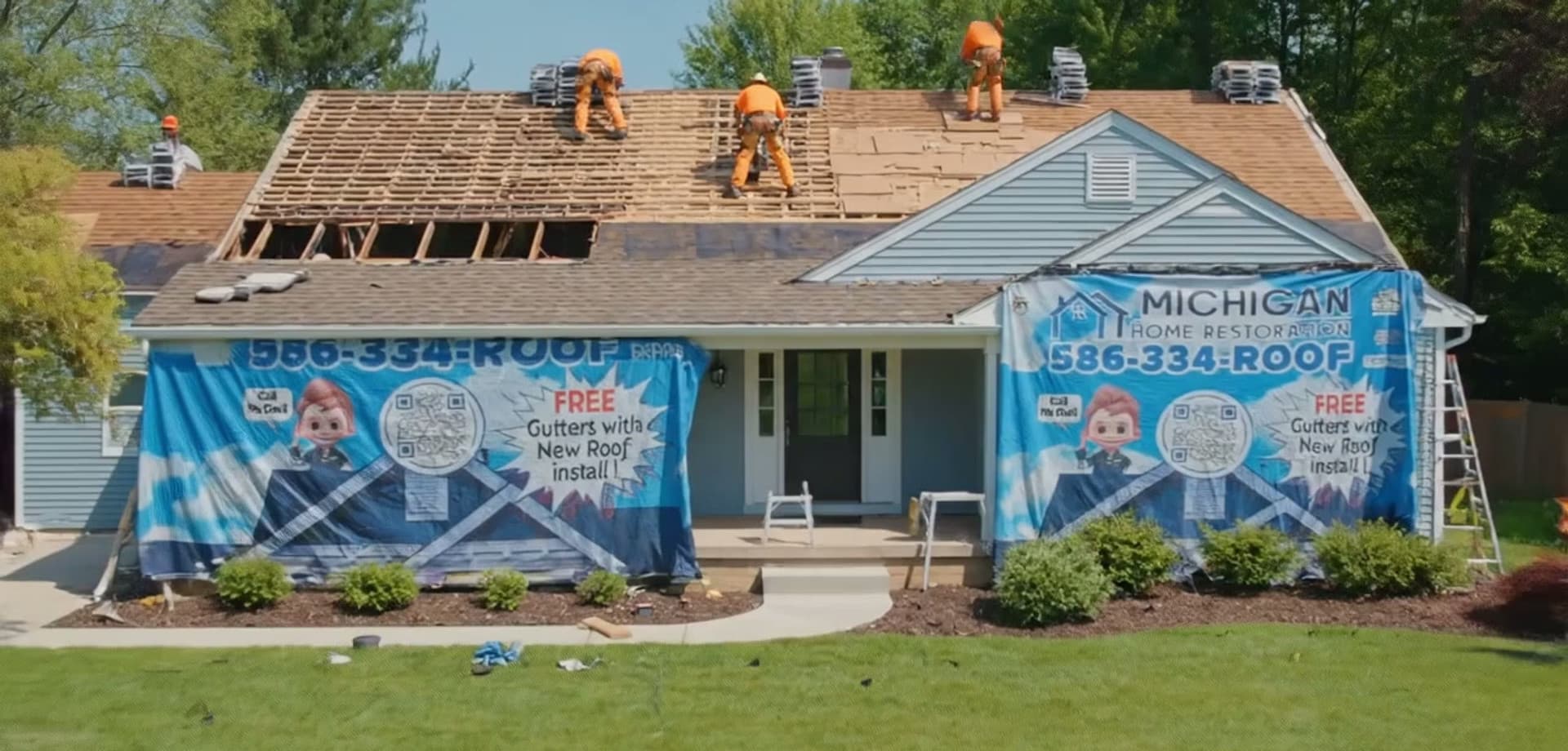 A roofing crew tearing off a storm-damaged roof, with branded Smart Tarps hung across the front of the house