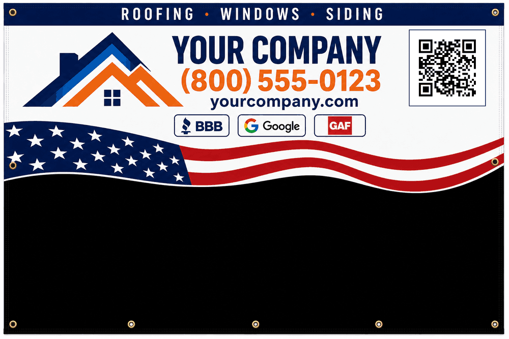 A generated Smart Tarp layout: company logo, phone number, and website across the top band, QR code top-right, and a solid black field below